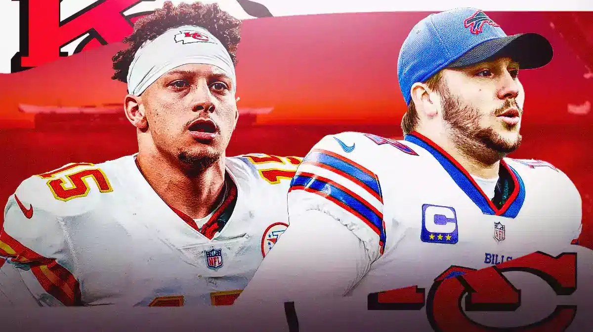 Patrick Mahomes with Kansas City Chiefs jersey on the left. Josh Allen with Buffalo Bills jersey on the right