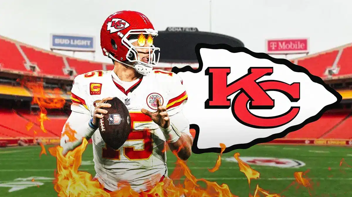 Chiefs QB Patrick Mahomes with fire in his eyes next to a Chiefs logo at Arrowhead Stadium