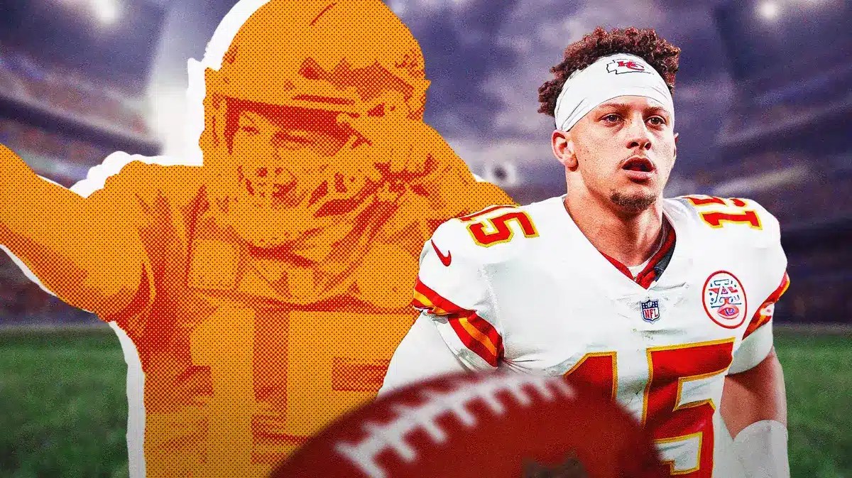 Kansas City Chiefs star Patrick Mahomes in front of Arrowhead Stadium.
