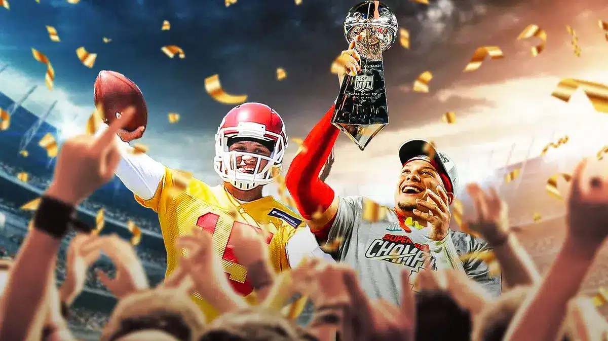 Chiefs Patrick Mahomes after winning Super Bowl with Andy Reid and Travis Kelce