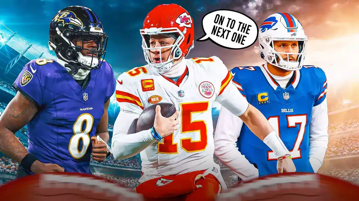 KC Chiefs' Patrick Mahomes looking at Baltimore Ravens' Lamar Jackson, with Buffalo Bills' Josh Allen in background of image looking sad. Please add speech bubble to Mahomes that says “On to the next one”
