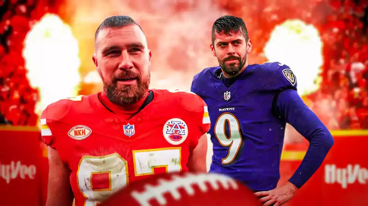 Photo: Travis Kelce in Chiefs uniform smiling with Justin Tucker in Ravens uniform