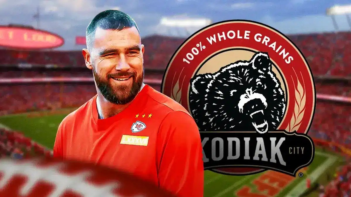 Travis Kelce smiling next to the Kodiak food brand logo (Kansas City Chiefs)