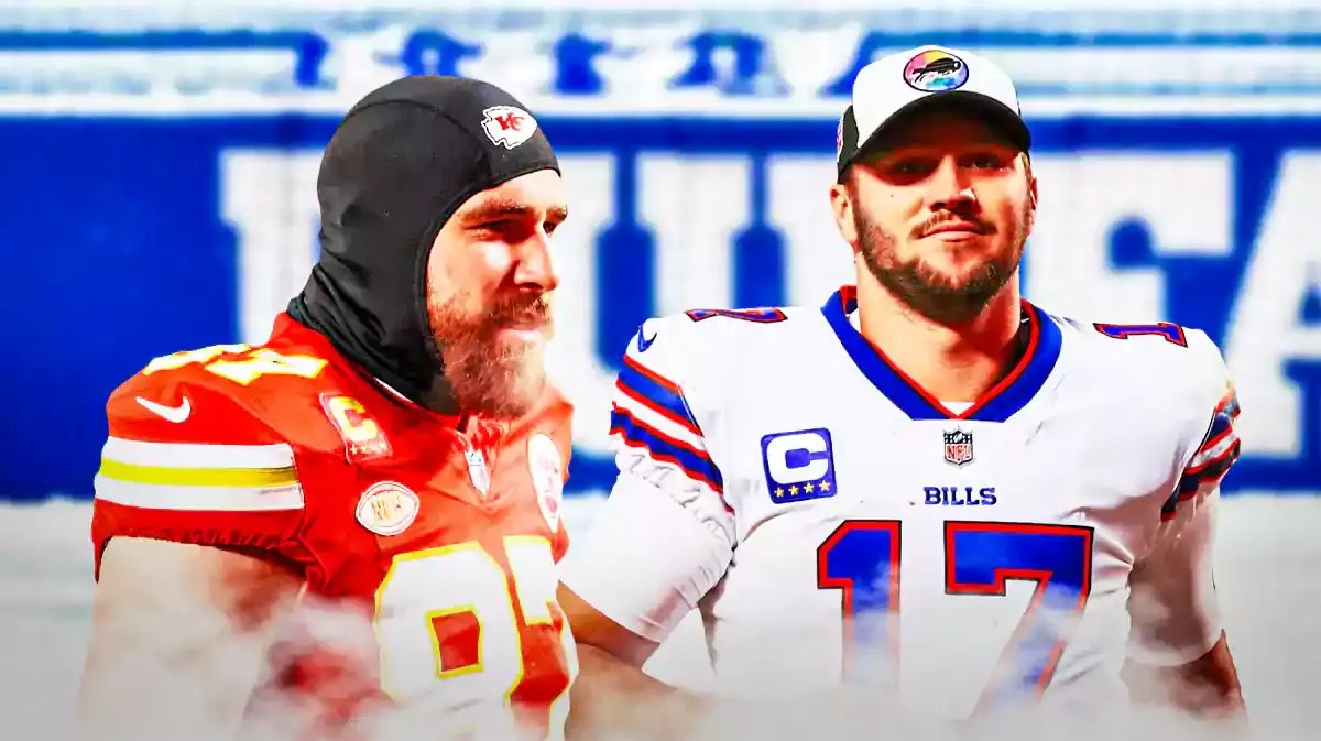 Photo: Travis Kelce and Josh Allen, both smiling with Bills stadium behind them