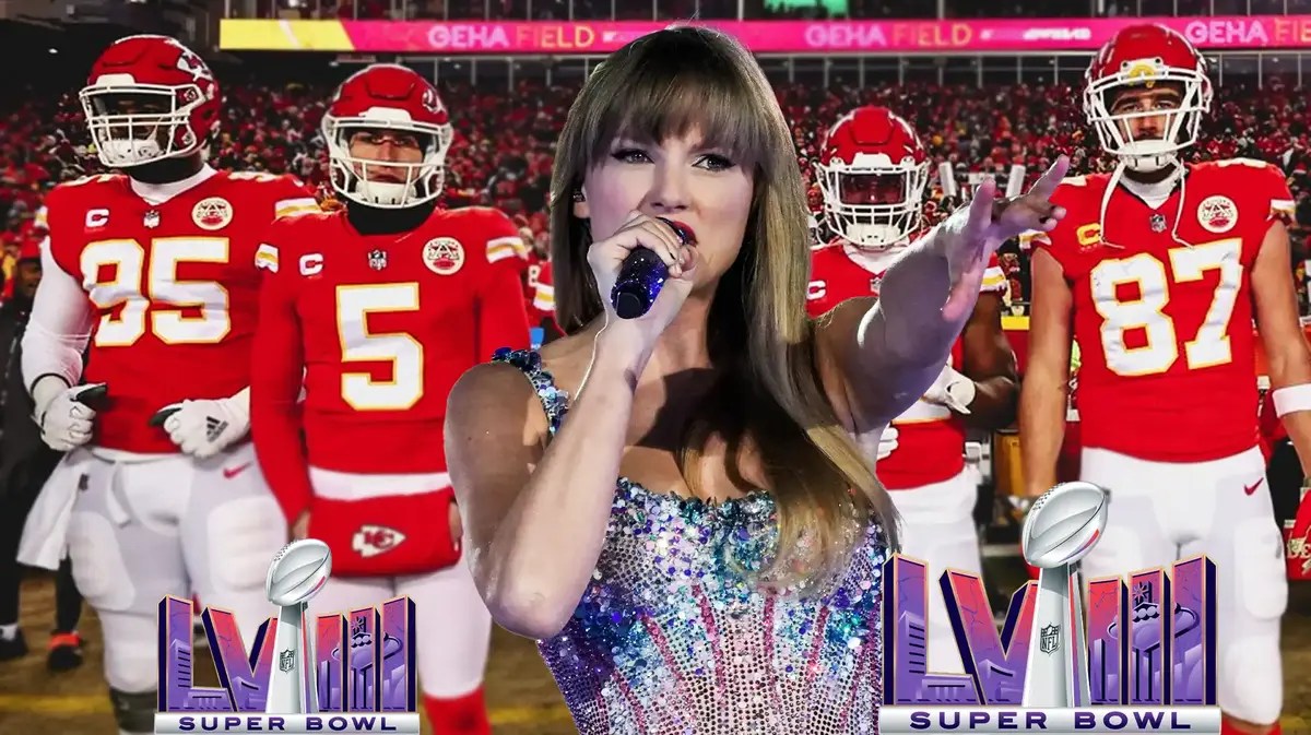 Chiefs players standing behind Taylor Swift