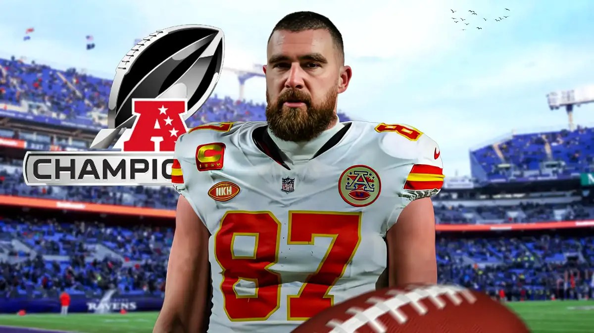 Travis Kelce, AFC Championship game logo. Ravens stadium in background