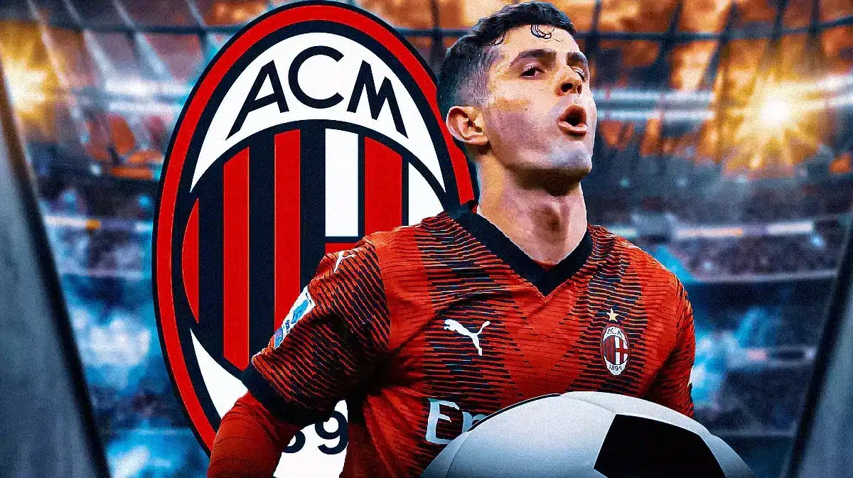 Christian Pulisic shining on the football field, the AC Milan logo behind him