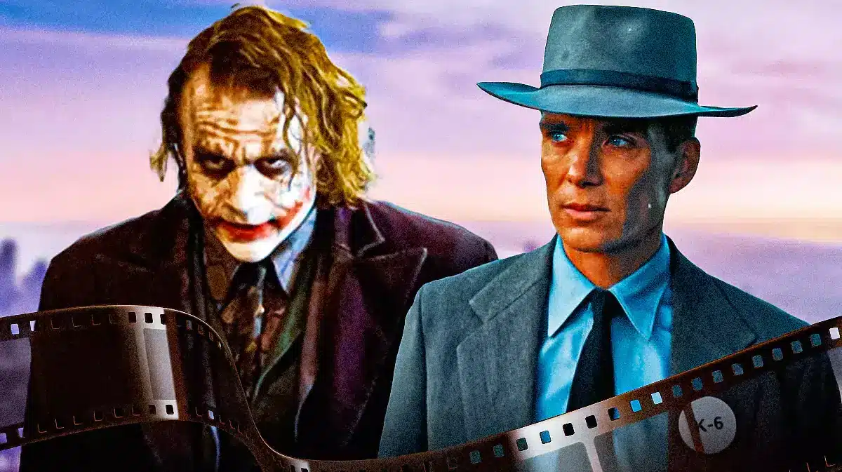 Heath Ledger as the Joker in The Dark Knight and Cillian Murphy in Christopher Nolan's Oppenheimer.