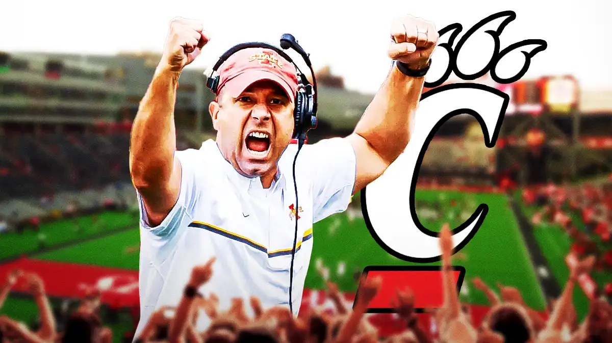 Tyson Veidt on the left cheering, Cincinnati Bearcats logo on the right.