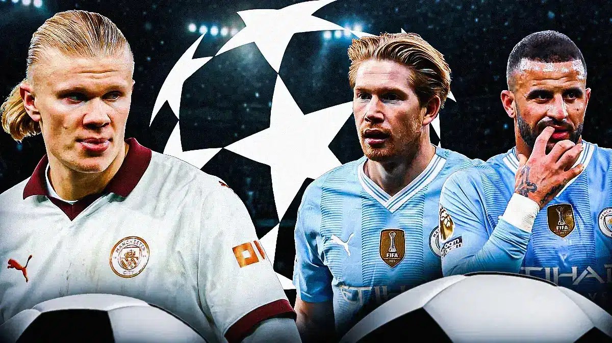 Erling Haaland, Kyle Walker, Kevin de Bruyne in front of the Champions League logo