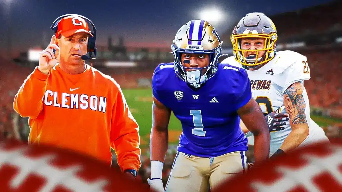 Clemson’s Dabo Swinney with Jabbar Muhammad (Washington) and Kyle Moretti (Central Michigan)