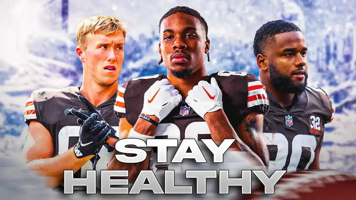 Pierre Strong Jr, Cedric Tillman, Harrison Bryant all beside each other with flames in the background.