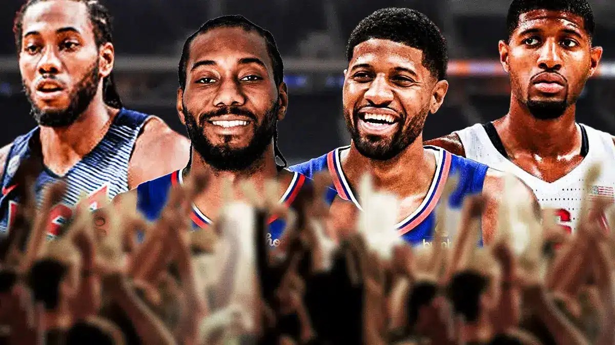 Clippers' Kawhi Leonard and Paul George smiling, with pictures of them from Team USA (2012 for Leonard, 2016 for George) beside them