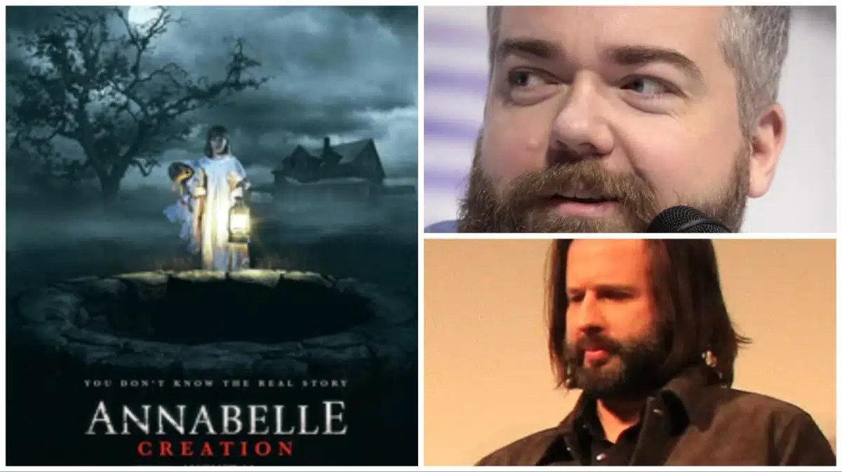 Annabelle: Creations poster on the left; David F. Sandberg and Gary Dauberman on the right