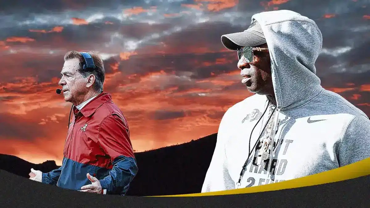 Colorado football’s Deion Sanders watching Alabama football’s Nick Saban walking away toward a sunset.