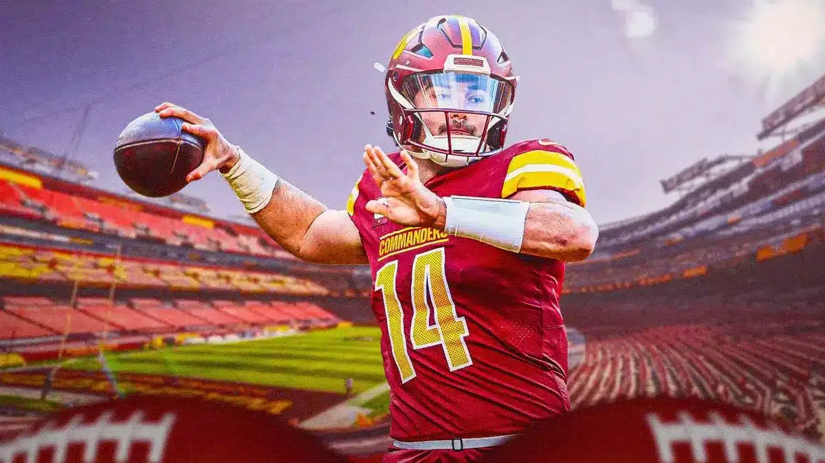 Commanders' Sam Howell throwing a football