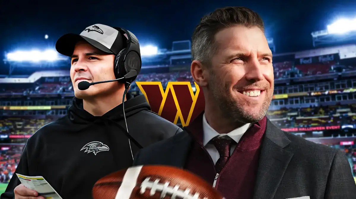 Ravens DC Mike Macdonald next to Commanders GM Adam Peters. Background is FedEx Field