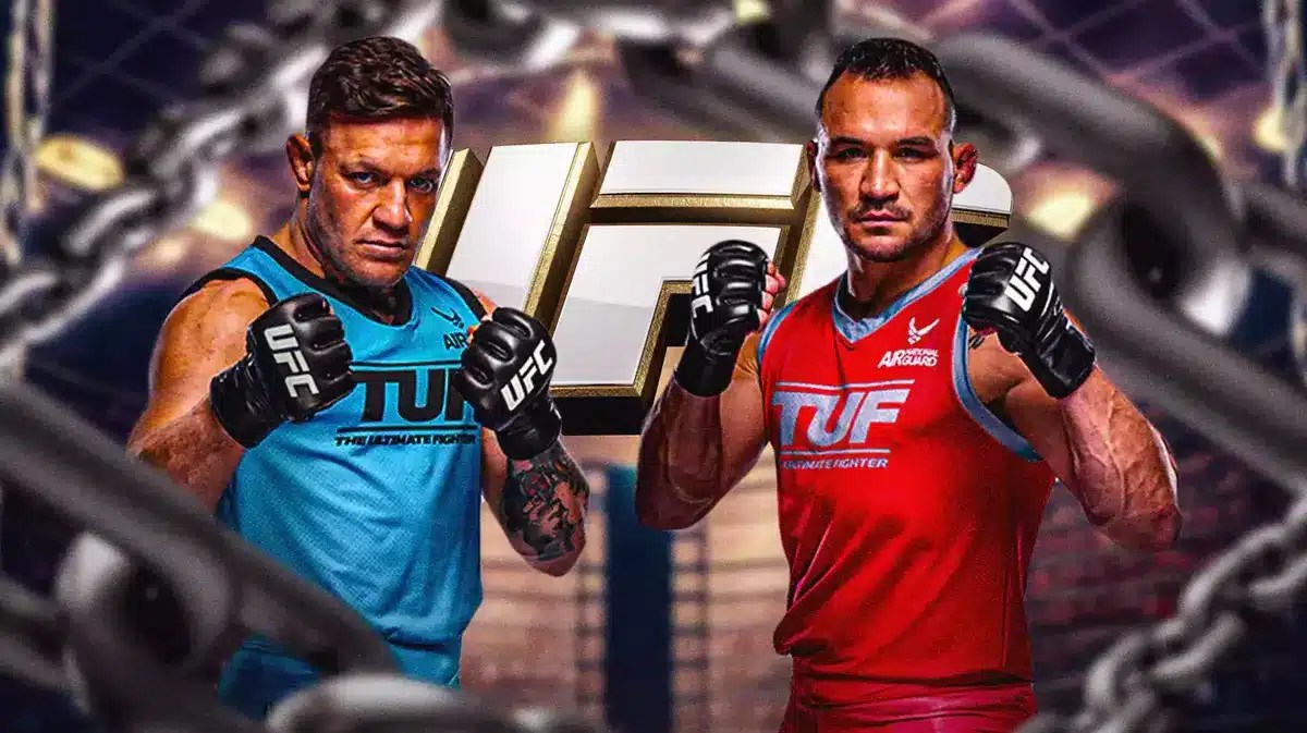 Conor McGregor facing Michael Chandler in the octagon, the UFC logo behind them