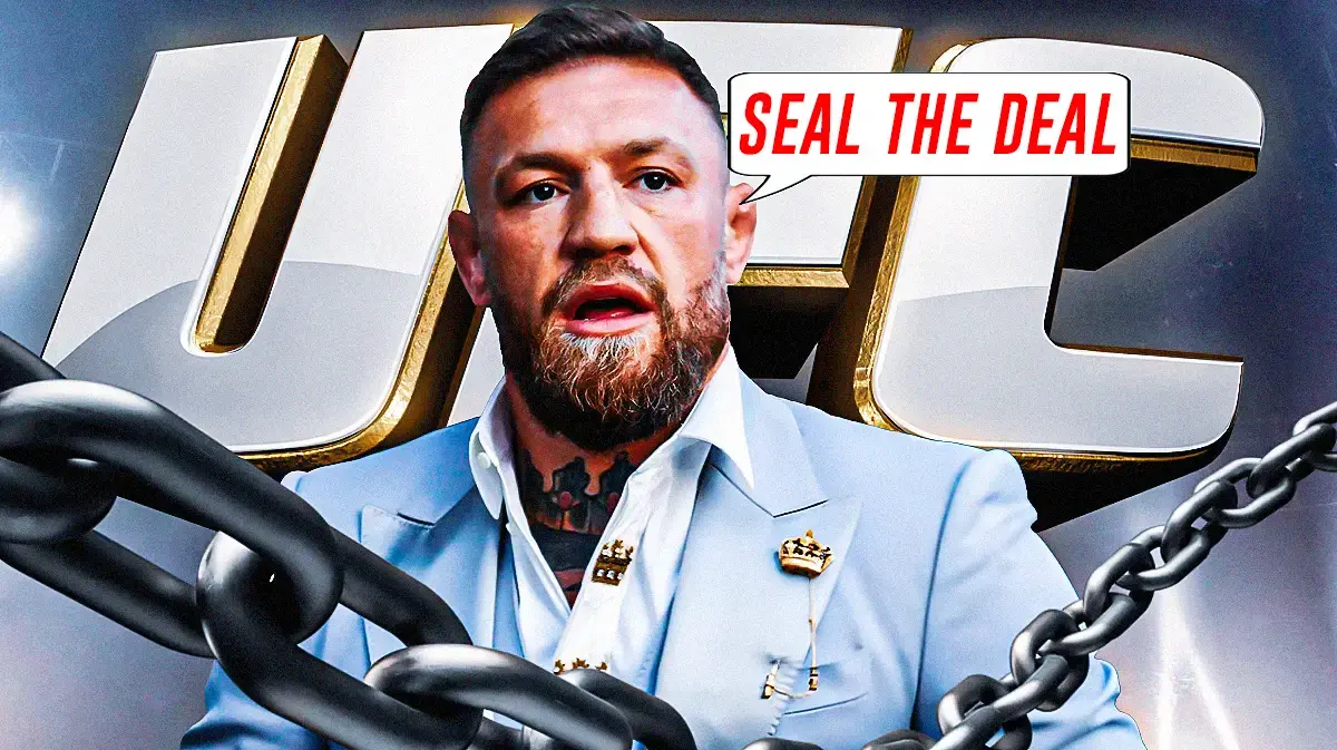 Conor McGregor saying: ‘Seal the deal’ in front of the UFC logo