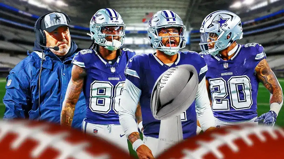 Cowboys' Dak Prescott, Mike McCarthy, Tony Pollard, and CeeDee Lamb all in image (Prescott in front). Place the Super Bowl trophy somewhere in image.