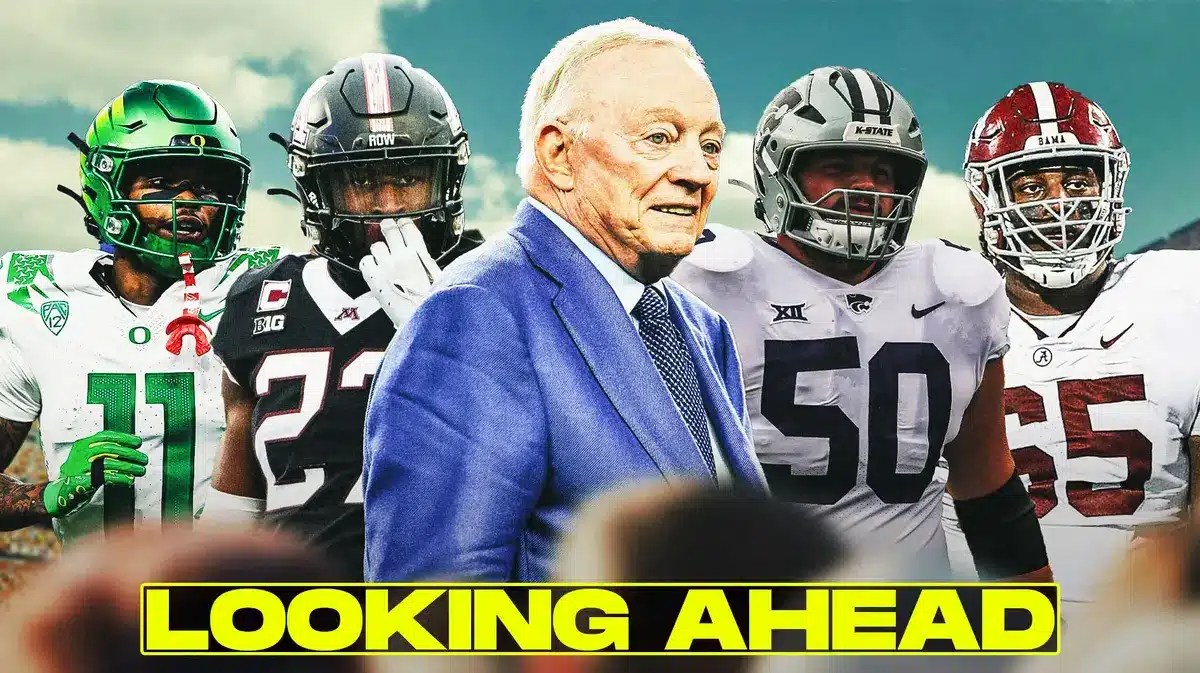 GM Jerry Jones in the middle, Cooper Beebe, Tyler Nubin, Troy Franklin, JC Latham around him, and blue skies in the background.