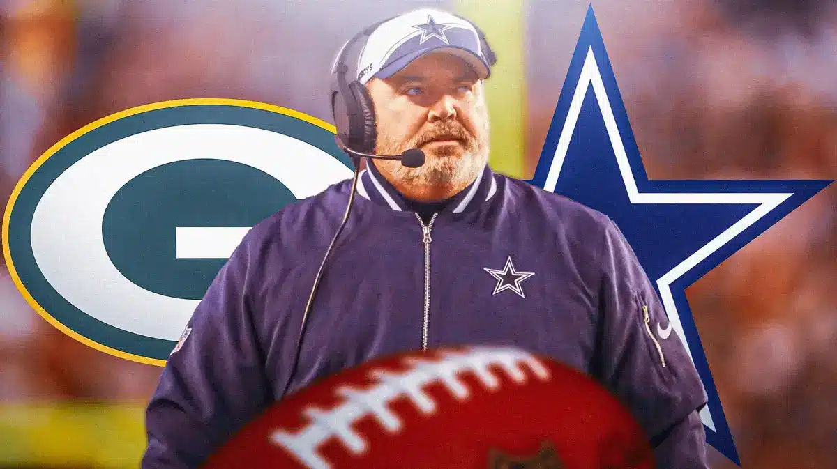 Photo: Mike McCarthy in Cowboys gear with Cowboys and Packers logo behind him