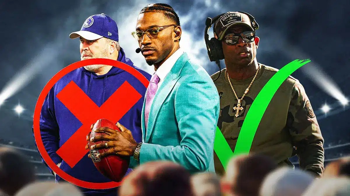 ESPN personality Robert Griffin III (in a suit, not a football uniform) in middle of image. On the left of the image, image of Dallas Cowboys head coach Mike McCarthy and a red X through him. On the right of the image, image of Colorado football head coach Deion Sanders and a green check across his image to signal approval of him.