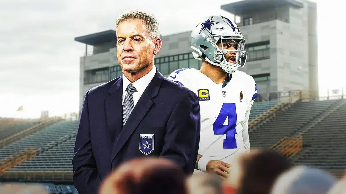 Hall of Famer Troy Aikman next to Cowboys current QB Dak Prescott