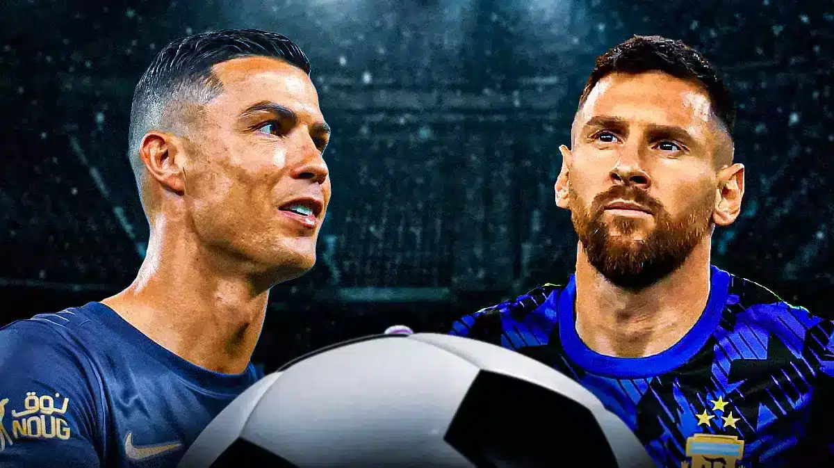 Cristiano Ronaldo and Lionel Messi looking towards each other