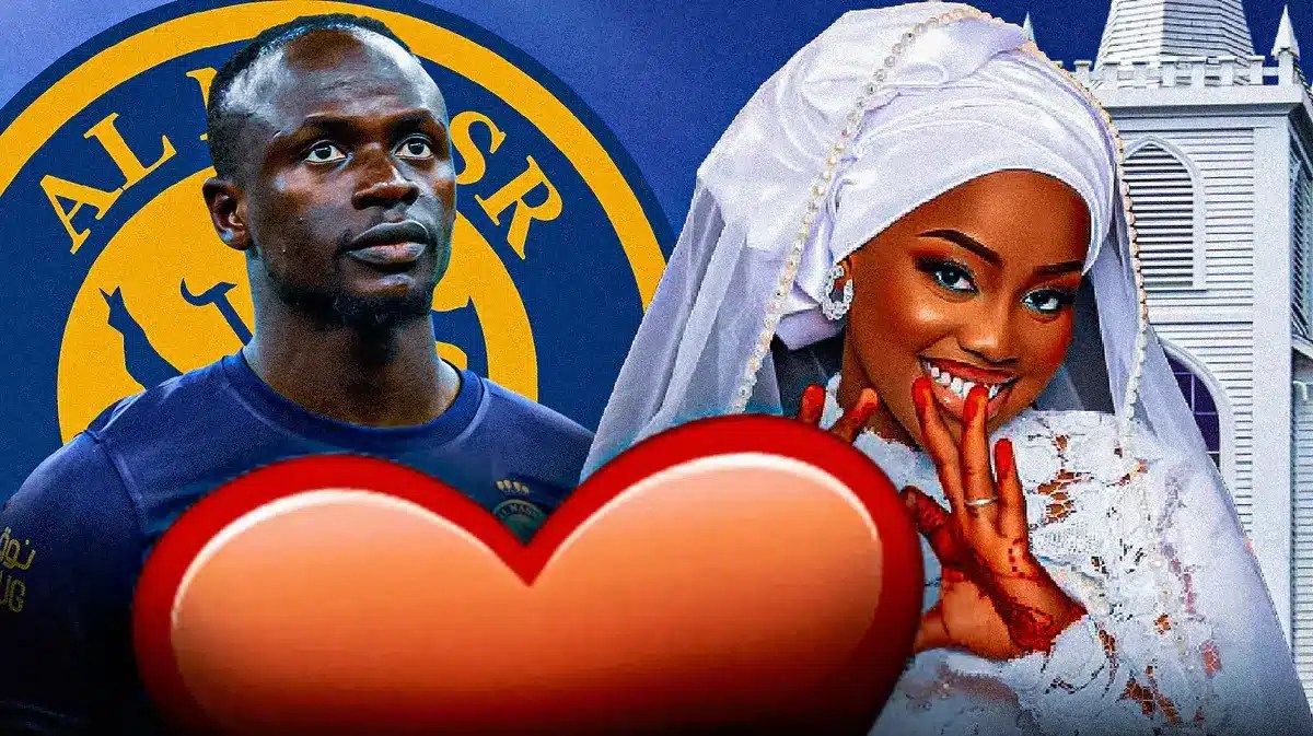 Sadio Mane and Aisha Tamba in front of a church, the Al-Nassr logo in the air