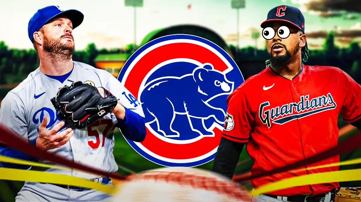 The Chicago Cubs logo in the middle, Ryan Brasier on one side, Emmanuel Clase on the other side with the big eyes emoji over his face