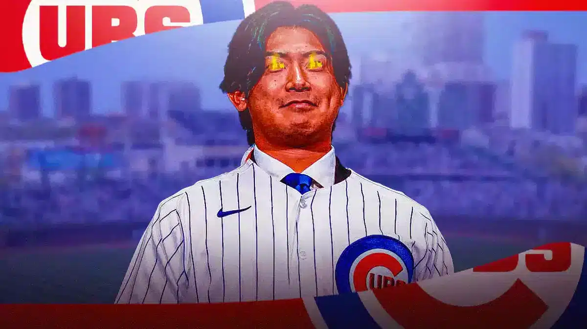 Shota Imanaga in Cubs jersey and with fire in his eyes