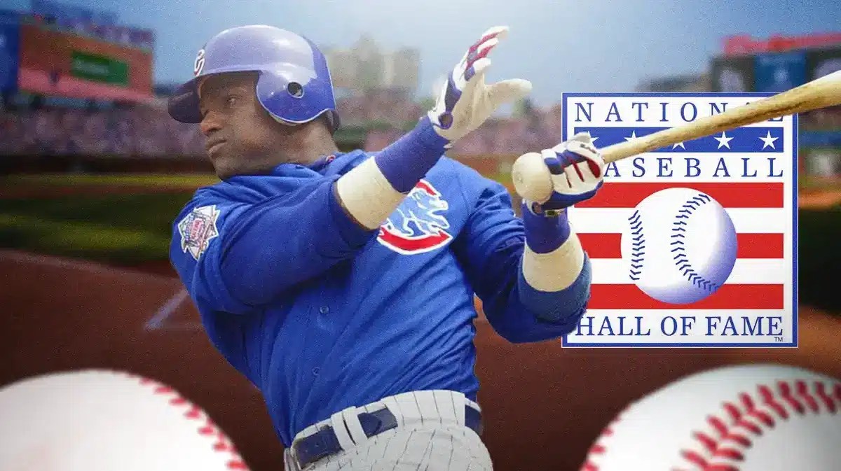 Sammy Sosa next to the Baseball Hall of Fame logo (Chicago Cubs)