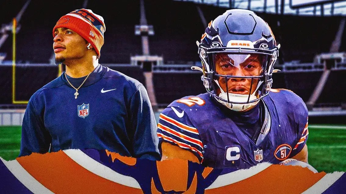 Chicago Bears stars Justin Fields and DJ Moore in front of Soldier Field.