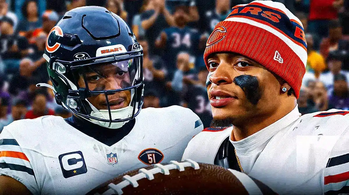 Photo: DJ Moore with Justin Fields in Bears gear, both smiling with fans in the back