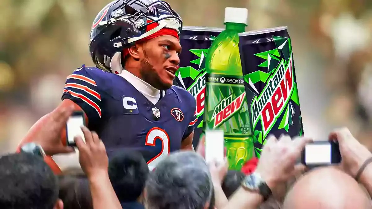 DJ Moore (Chicago Bears) next to Mountain Dew bottles