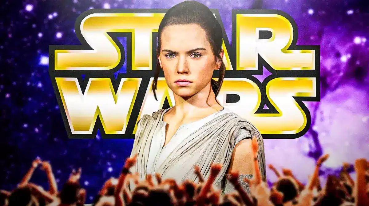 Daisy Ridley as Rey and Star Wars logo and space background.