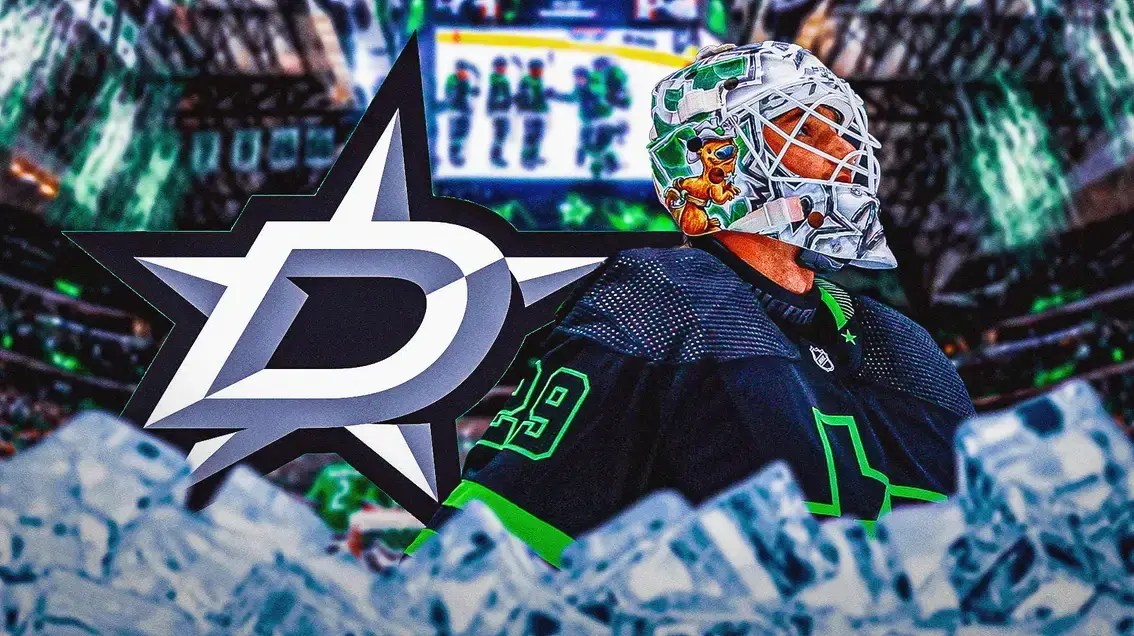 Jake Oettinger in middle of image looking hopeful, DAL Stars logo, hockey rink in background