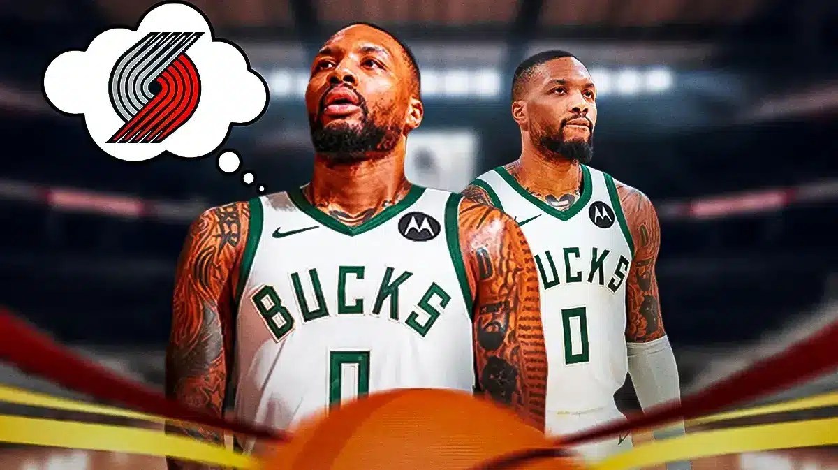 Bucks' Damian Lillard with a thought bubble. In the bubble, place the Portland Trail Blazers' logo.