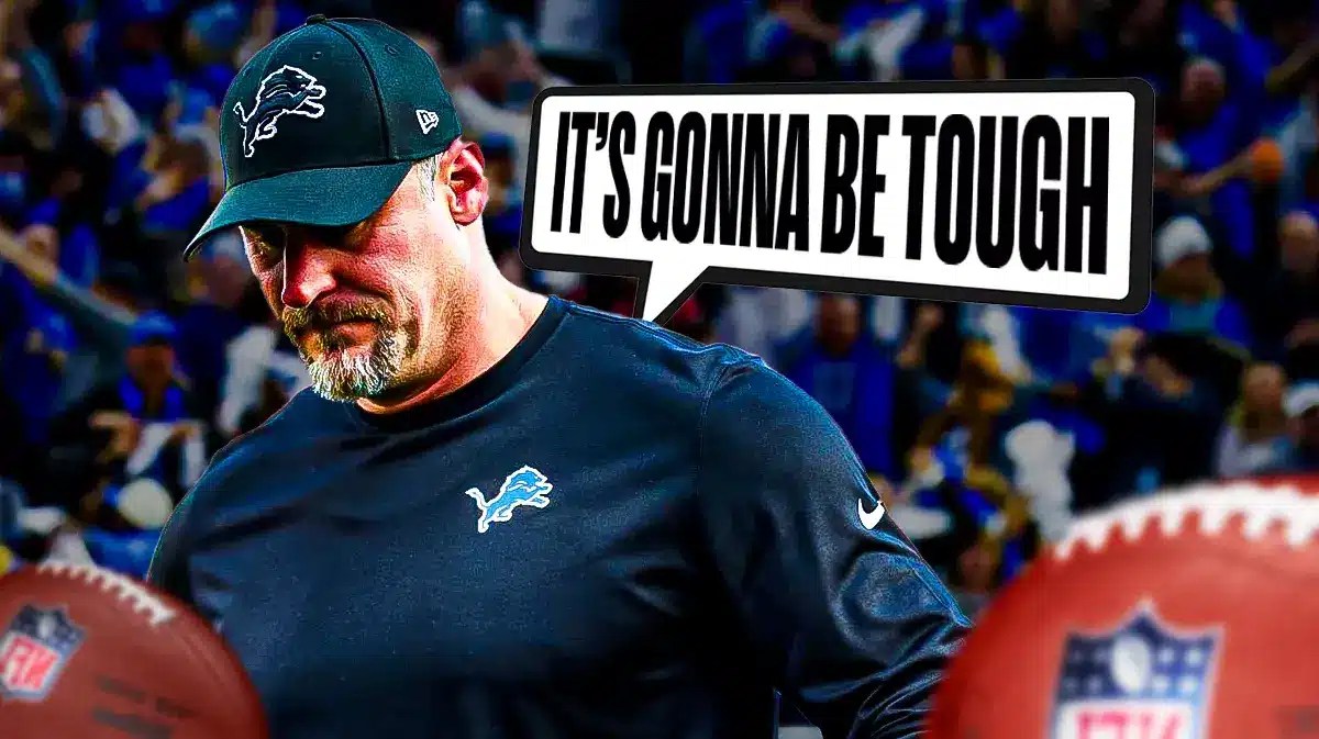 Detroit Lions coach Dan Campbell and speech bubble “It’s gonna be tough”