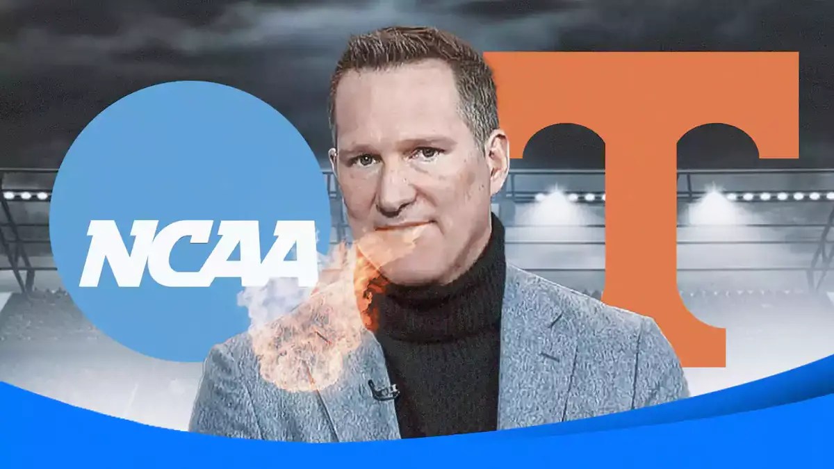 Danny Kanell with fire coming out of his mouth, US NCAA logo, and Tennessee Volunteers logo