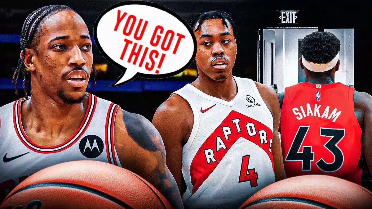DeMar DeRozan saying, “You got this!”. Raptors' Scottie Barnes warming up, while Pascal Siakam is walking out a door.
