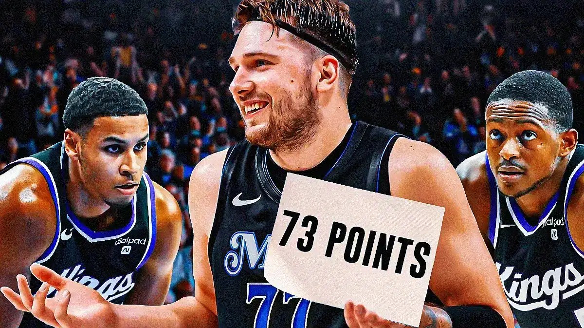Photo: De’Aaron Fox and Keegan Murray in Kings uniform with Luka Donic holding 73-point paper