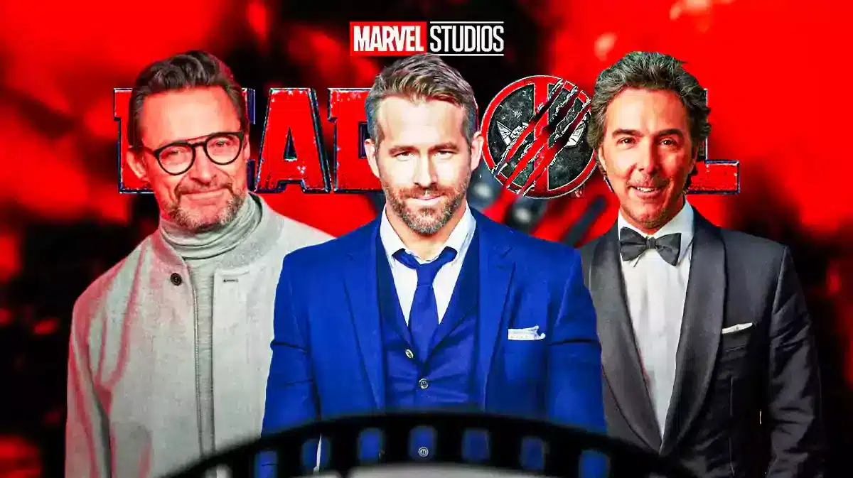 MCU Deadpool 3 logo with Hugh Jackman, Ryan Reynolds, and Shawn Levy.