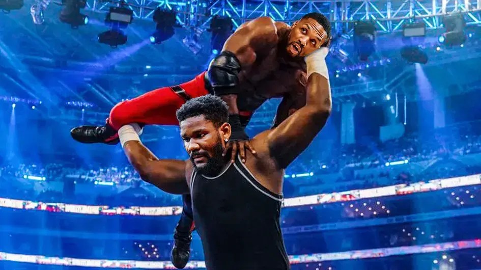 Deandre Ayton (Blazers) as Omos and Damian Lillard (Bucks) as the gy in red pants