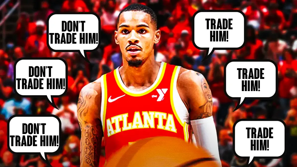 Dejounte Murray with Hawks fans on one side saying "Trade Him!" and Hawks fans on the other side saying "Don't trade him!"