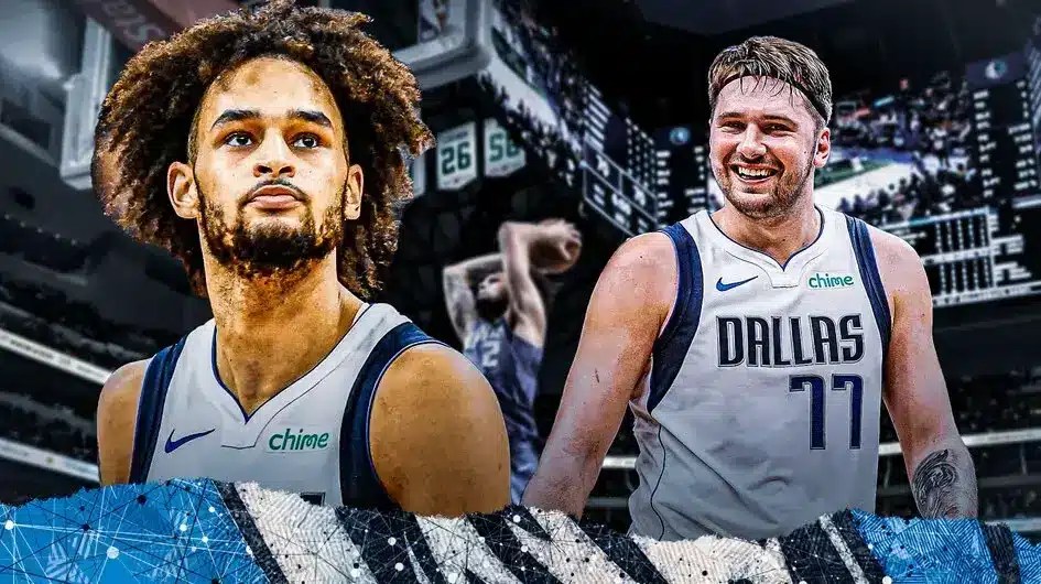 Mavericks' Dereck Lively II dunking a basketball in background. In front, Mavericks' Dereck Lively II, Mavericks' Luka Doncic smiling together.
