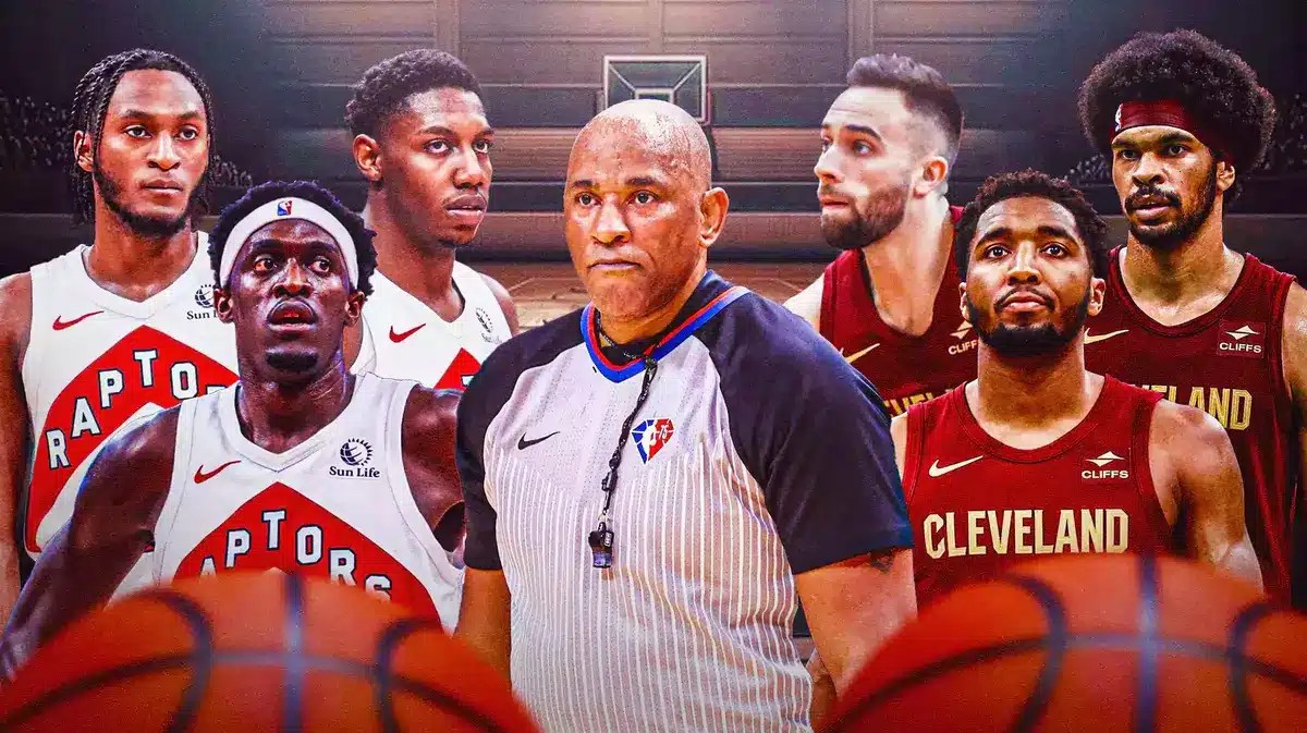 Cavs' Donovan Mitchell, Max Strus, and Jarrett Allen on one side, NBA Ref Kevin Cutler in the middle, Raptors RJ Barrett, Pascal Siakam, and Immanuel Quickley on the other side.