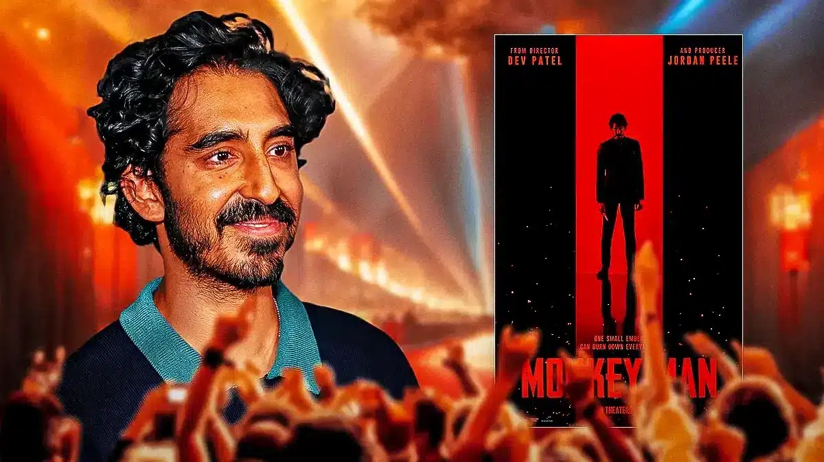 Dev Patel next to the poster for Monkey Man