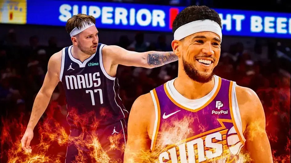 Suns' Devin Booker and Mavs' Luka Doncic standing next to each other